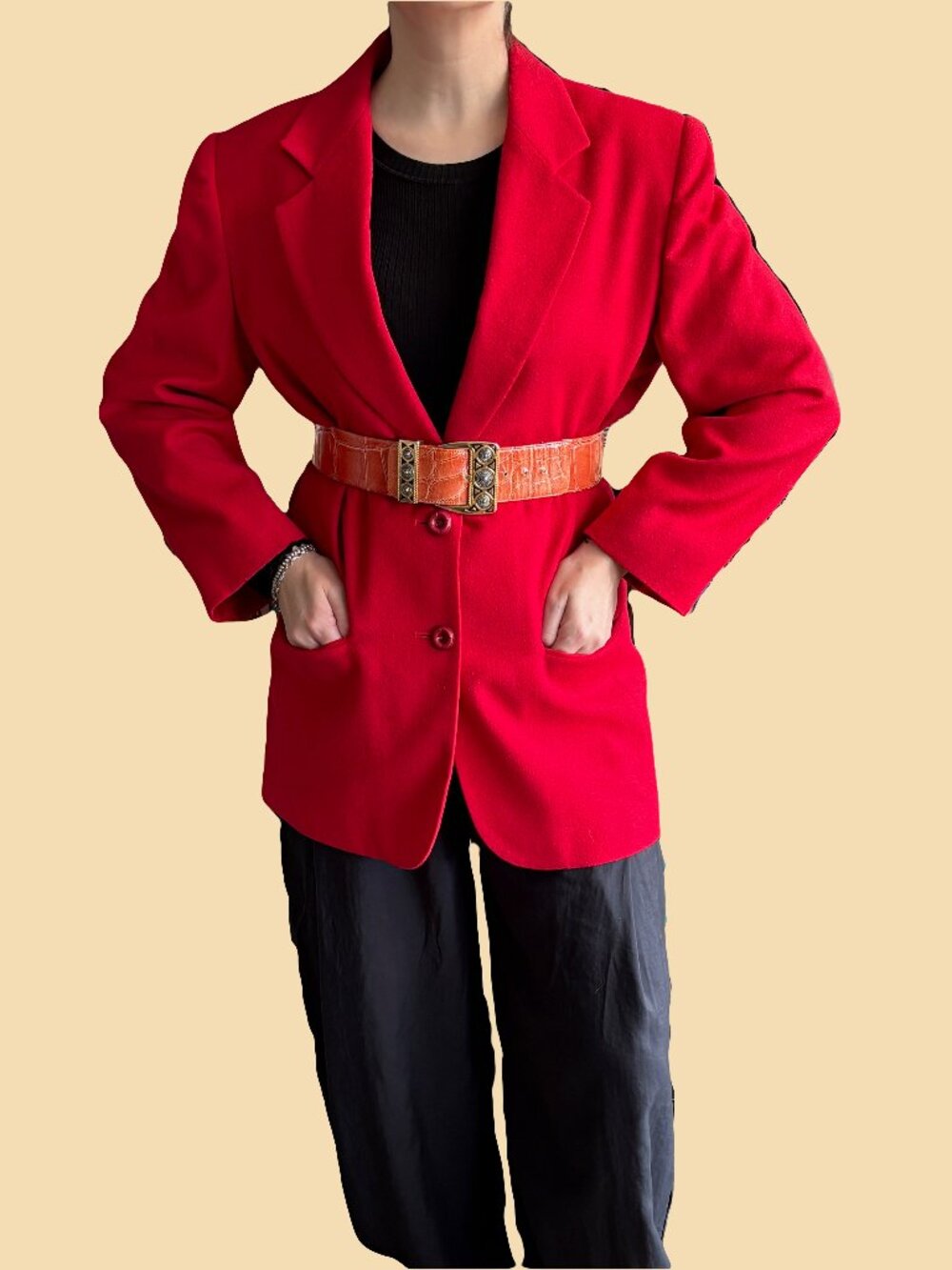 Vtg Bright Apple Red Wool Blazer